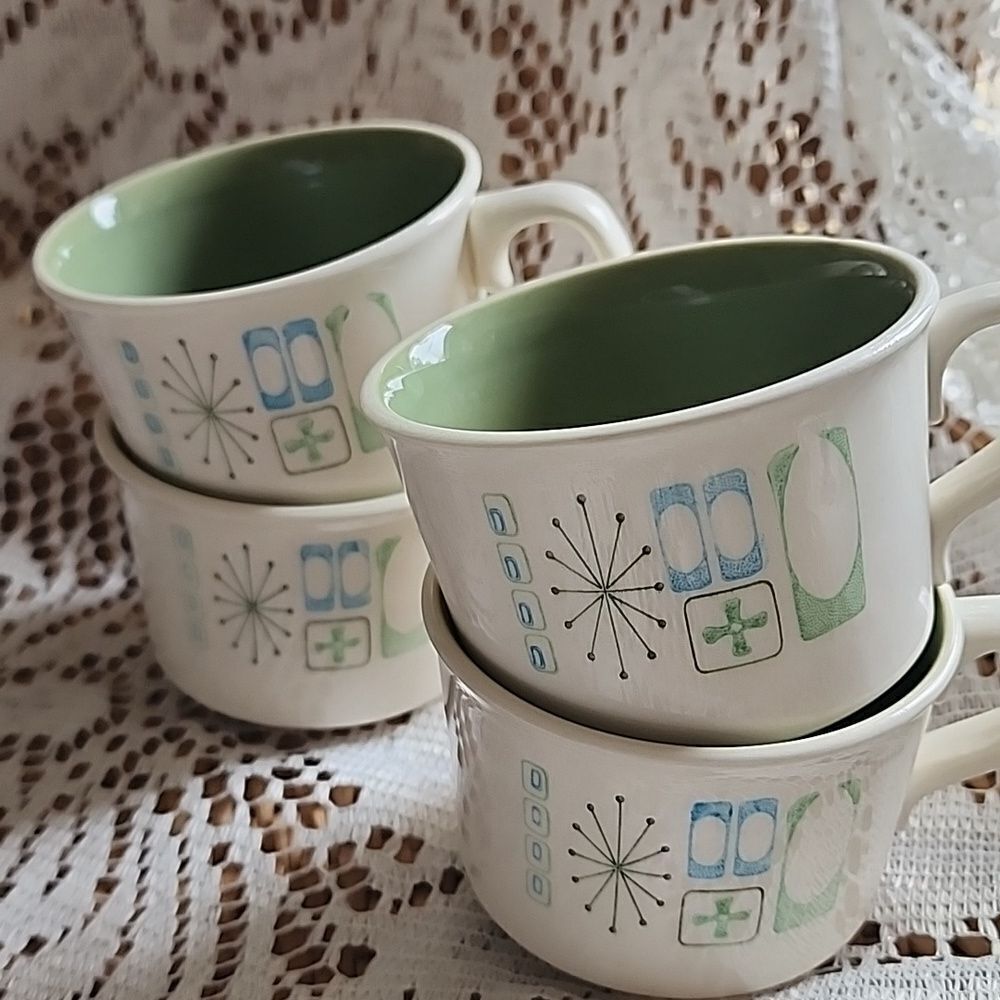 Vtg MCM Set Of 4 Cathay Atomic Starburst Pattern Coffee Mugs